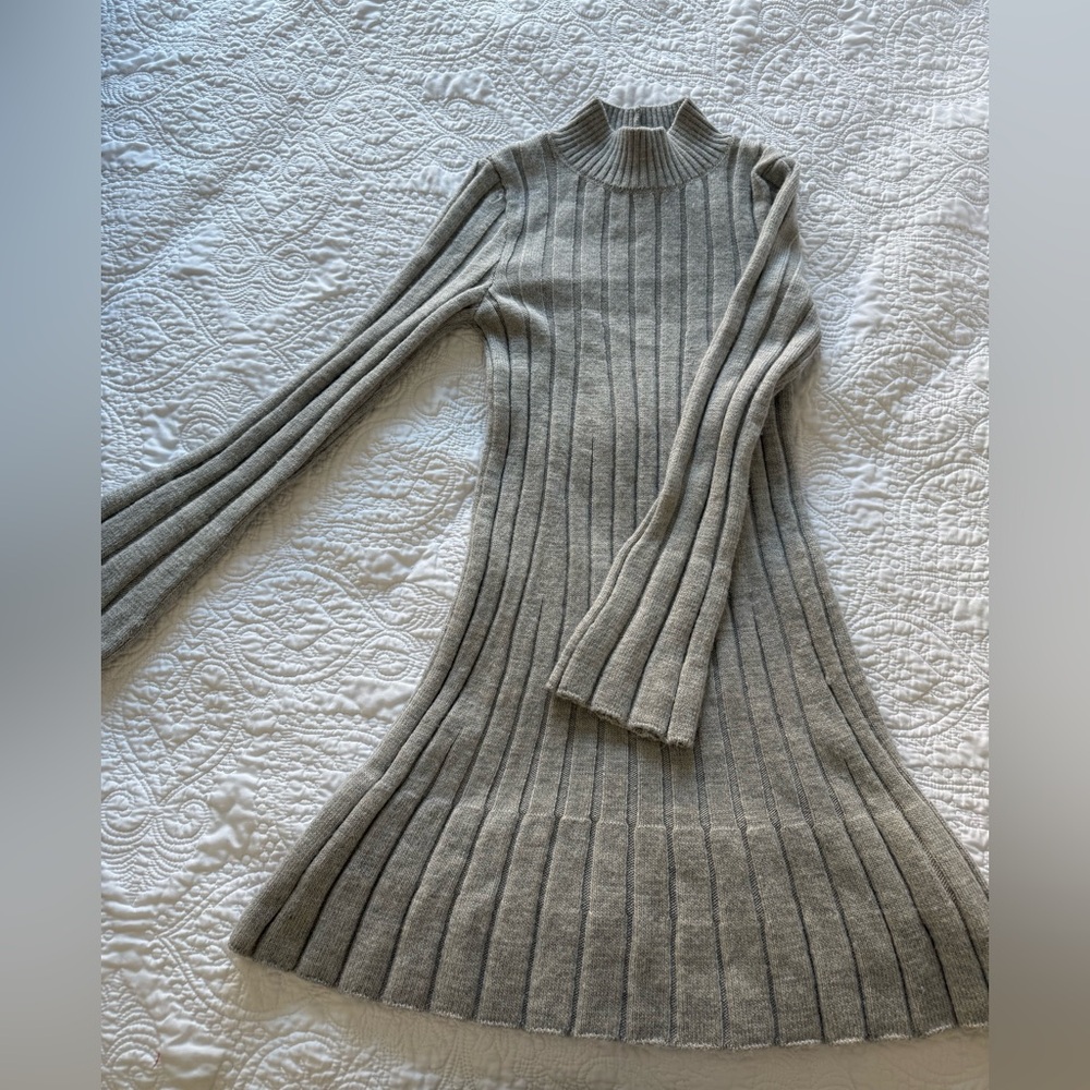 Anthropologie Light Gray Ribbed Mini Sweater Dress